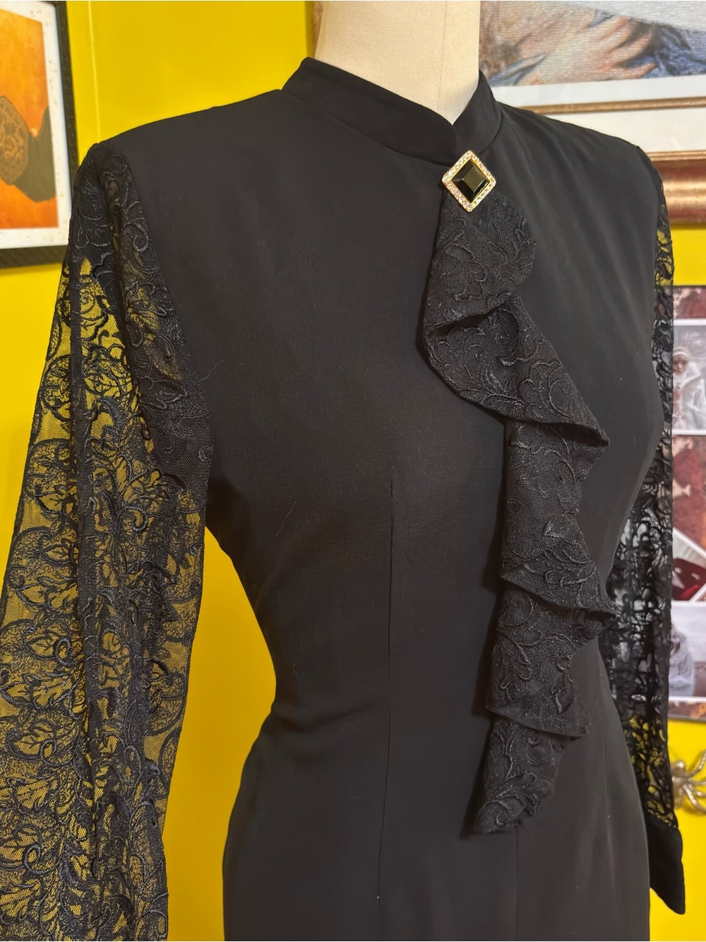 Vintage Black Sheer Lace Sleeve Rhinestone Dress Small Medium